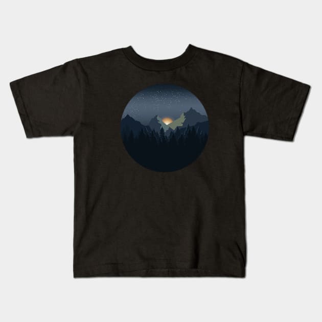 Mountains, trees, sunrise, starry sky. Kids T-Shirt by AlmightyClaire